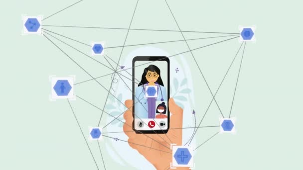 Animação Rede Conexões Sobre Mão Segurando Smartphone Com Chamada Vídeo — Vídeo de Stock