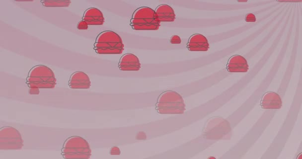 햄버거가 돌아가는 분홍색 흰색으로 줄무늬 떨어지는 애니메이션 영양의 디지털 비디오 — 비디오