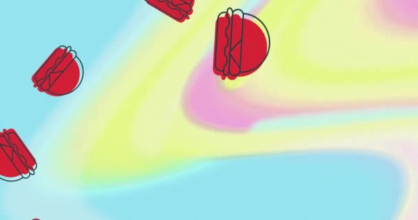 Pastel Kıvrımlı Arka Planda Kırmızı Hamburgerlerin Düşüşünün Animasyonu Yiyecek Beslenme — Stok video