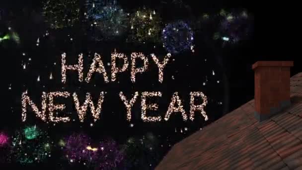 Animación Fuegos Artificiales Estallando Feliz Año Nuevo Texto Sobre Techo — Vídeos de Stock