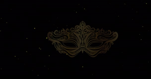 黒を背景に動いている白い星の上の金の仮面のアニメーション おめでとうお祝い記念日イベントのコンセプトデジタルで生成されたビデオ — ストック動画