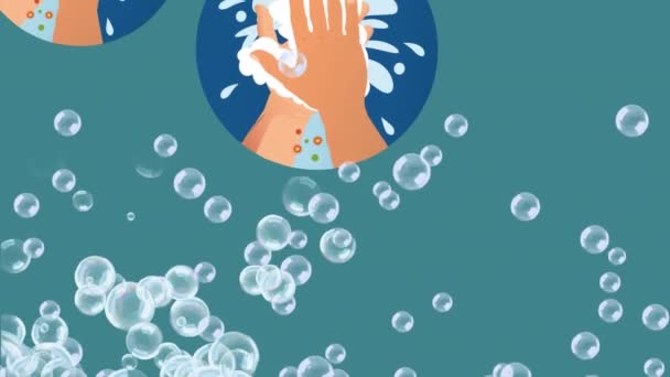 緑色の背景に泡の上に手のアイコンを洗うのアニメーション ヘルスケアサービス通信技術の概念デジタル生成ビデオ — ストック動画