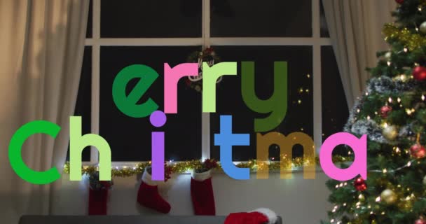 Анімація Веселого Різдвяного Тексту Над Ялинкою Різдво Зима Традиція Концепція — стокове відео
