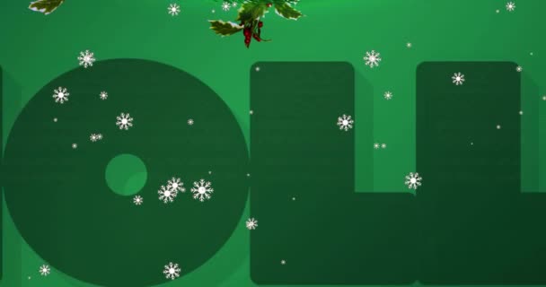 Animation Holly Text Snow Falling Fir Tree Green Background Christmas — Stock Video