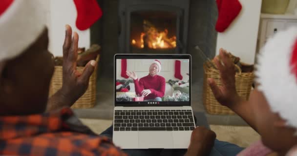 African American Couple Santa Hats Using Laptop Christmas Video Call — Stock Video