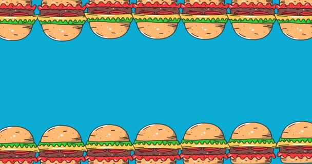 Animation Two Rows Cheeseburgers Moving Top Bottom Blue Background Food — Stock Video