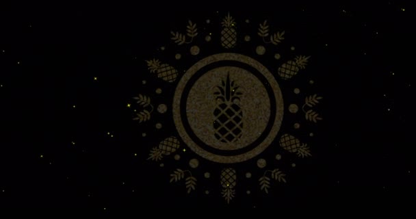 Animatie Van Gouden Ananas Bladontwerp Witte Sterren Zwarte Achtergrond Felicitaties — Stockvideo