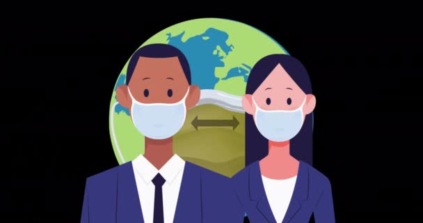 Animación Personas Que Usan Mascarilla Facial Sobre Máscaras Faciales Global — Vídeo de stock