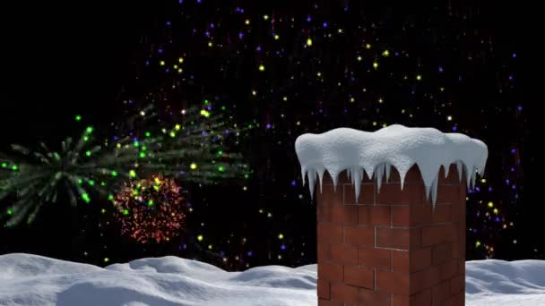 Animacja Fajerwerków Eksplodujących Nad Pokrytym Śniegiem Dachem Kominem Boże Narodzenie — Wideo stockowe