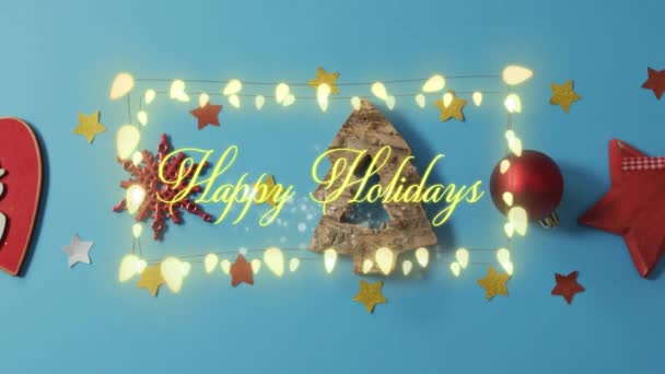 Анимация Счастливых Праздников Над Праздничными Украшениями Рождество Зима Традиции Празднование — стоковое видео