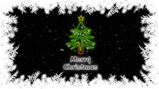 雪とモミの木の上にネオン陽気なクリスマステキストのアニメーション クリスマス 伝統とお祝いのコンセプトデジタルで生成されたビデオ — ストック動画
