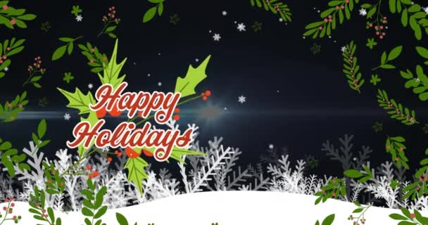 Animation Happy Holidays Text Leaves Snow Falling Winter Landscape Christmas — Stock Video