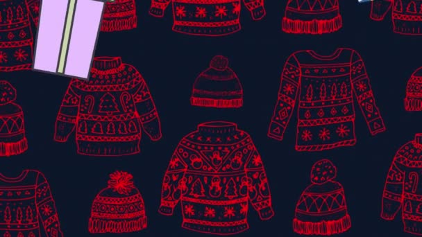 Animation Presents Falling Sweaters Caps Christmas Christmas Winter Tradition Celebration — Stock Video