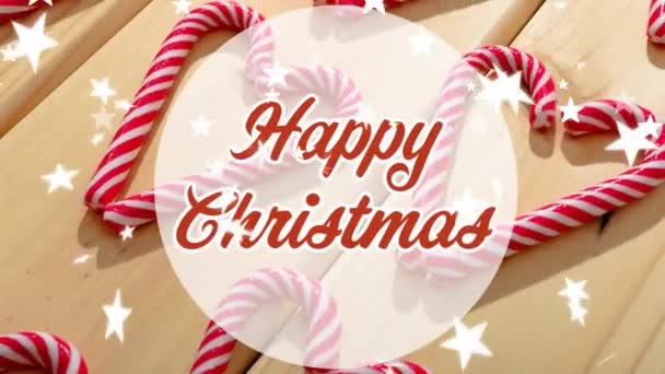 Animation Happy Christmas Text Stars Falling Candy Canes Table Christmas — Stock Video