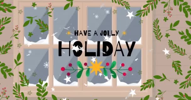 Animation Have Jolly Holiday Text Stars Falling Window Christmas Christmas — Stock Video