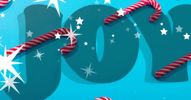 在圣诞节的蓝色背景上 在流星坠落和糖果手杖的映衬下 欢乐的文字被动画化了 圣诞节 传统和庆祝概念数字制作的视频 — 图库视频影像