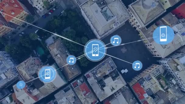 Animatie Van Het Netwerk Van Verbindingen Met Iconen Overcityscape Achtergrond — Stockvideo