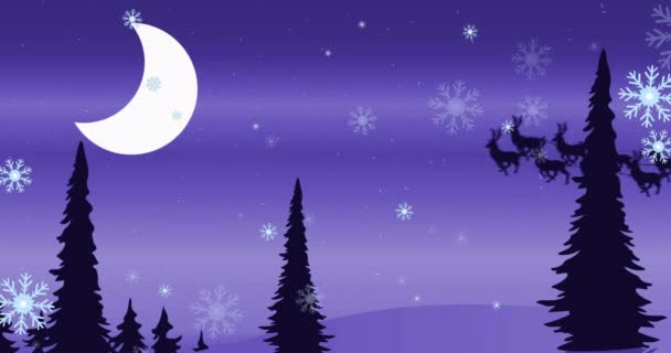 Animation Des Weihnachtsmannes Schlitten Mit Rentieren Über Schneefall Und Winterlandschaft — Stockvideo