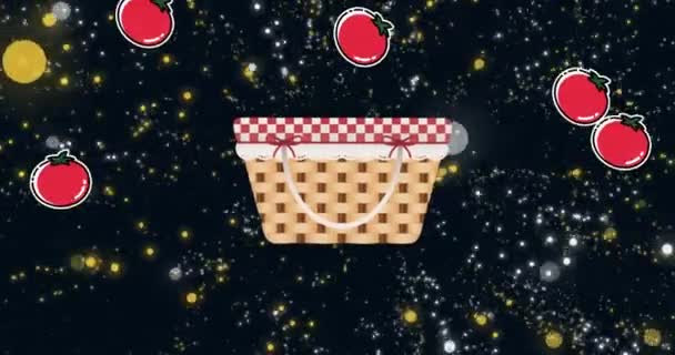 Animation Eines Picknick Hindernisses Mit Fallenden Roten Tomaten Über Gelben — Stockvideo