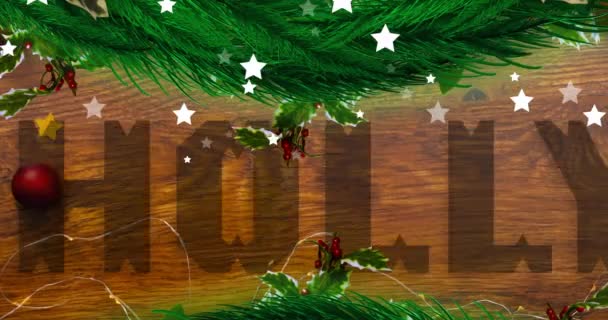 Animace Cesmínového Textu Nad Padajícími Hvězdami Vánoční Dekorace Stole Vánoční — Stock video