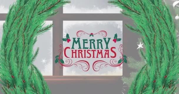Animace Veselého Vánočního Textu Nad Jedlí Oknem Vánoční Zimní Tradiční — Stock video