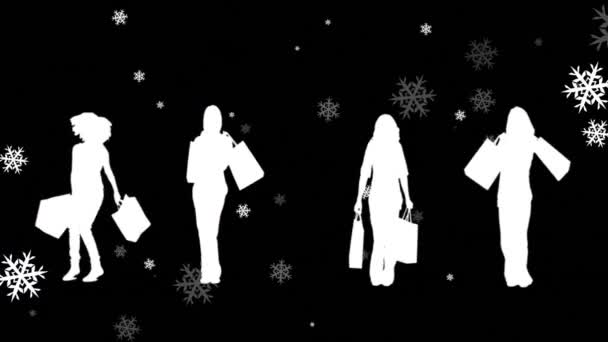 クリスマスに黒い背景にショッピングバッグで女性のシルエットに落ちる雪のアニメーション クリスマス 伝統とお祝いのコンセプトデジタルで生成されたビデオ — ストック動画
