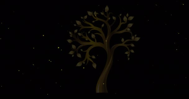 Animacja Złotego Drzewa Nad Białymi Gwiazdami Poruszającymi Się Czarnym Tle — Wideo stockowe