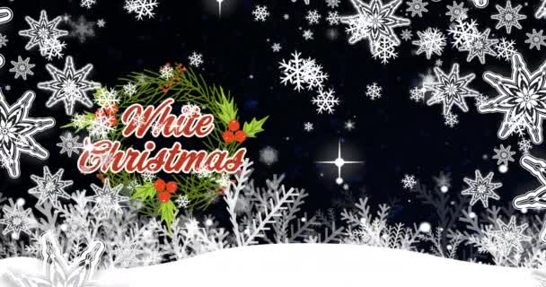 Animación Texto Navideño Blanco Sobre Corona Nevada Paisaje Invernal Navidad — Vídeos de Stock