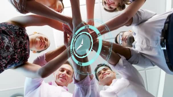 Animation Clock Work Colleagues Stacking Hands Background Global Business Team — Stock Video
