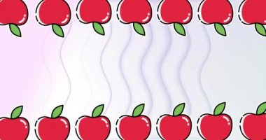 Üst ve alttaki kırmızı elma dizilerinin animasyonu pastel pembe arka planda dalgalı çizgiler üzerinde hareket ediyor. yiyecek ve beslenme konsepti dijital olarak üretilen video.