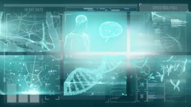 Siyah arkaplanda veri işleme ve tıbbi simgelerle dijital arayüzün animasyonu. Tıbbi ve sağlık hizmetleri iletişim teknolojisi konsepti dijital olarak oluşturulmuş video.