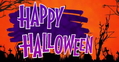 Mezarlıktaki mutlu Cadılar Bayramı metninin animasyonu. Cadılar bayramı, sonbahar, kutlama ve geleneksel konsept dijital olarak oluşturulmuş video.