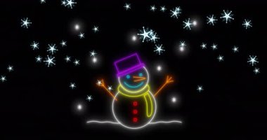 Neon Kardan Adam 'ın Noel' de siyah arka plandaki kar taneleri üzerindeki animasyonu. Noel, kış, gelenek ve kutlama konsepti dijital olarak oluşturulmuş video.