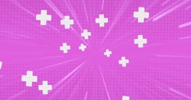 Mor arkaplandaki ışık yollarının üzerindeki haçların animasyonu. Tıbbi ve sağlık hizmetleri iletişim teknolojisi konsepti dijital olarak oluşturulmuş video.