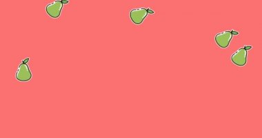 Pembe arka planda düşen yeşil armutların animasyonu. yiyecek ve beslenme konsepti dijital olarak üretilen video.