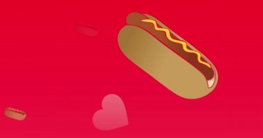 Kırmızı arka planda yükselen pembe kalpleri olan sosislilerin animasyonu. yiyecek ve beslenme konsepti dijital olarak üretilen video.