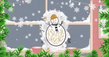 Mevsim kutlamalarının animasyonu Noel 'de köknar ağacı ve pencerenin üzerinden yazıldı. Noel, kış, gelenek ve kutlama konsepti dijital olarak oluşturulmuş video.