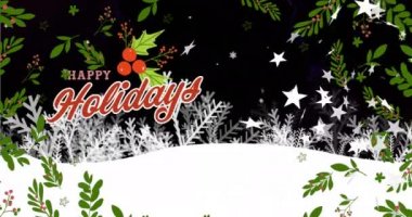 Noel 'de kar yağdığı ve siyah arka planda bıraktığı mutlu bayram mesajlarının animasyonu. Noel, kış, gelenek ve kutlama konsepti dijital olarak oluşturulmuş video.