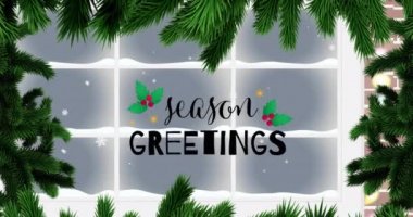 Mevsim animasyonları kar, köknar ağaçları ve pencere üzerine yazılan mesajlar. Noel, kış, gelenek ve kutlama konsepti dijital olarak oluşturulmuş video.