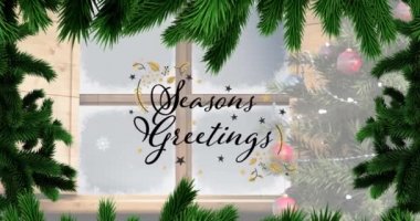 Mevsimlerin animasyonu. Tebrik mesajları. Köknar ağacı ve pencere üzerinde. Noel, kış, gelenek ve kutlama konsepti dijital olarak oluşturulmuş video.
