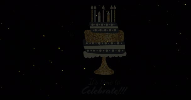 Animation Gold Birthday Cake Candles White Stars Moving Black Background — Stock Video