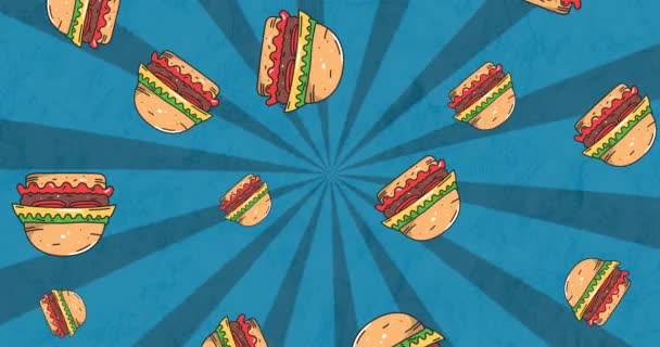 Animación Hamburguesas Queso Cayendo Sobre Rayas Radiantes Azules Giratorias Concepto — Vídeos de Stock