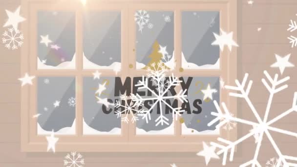 Animace Veselého Vánočního Textu Přes Padající Sníh Okno Vánoční Zimní — Stock video