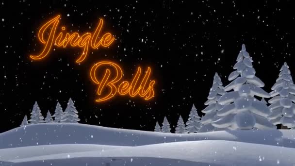 Animación Campanas Jingle Texto Sobre Caída Nieve Paisaje Invierno Navidad — Vídeos de Stock