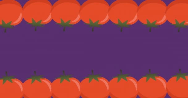 两排红色西红柿在紫色背景的顶部和底部移动的动画 食物和营养概念数码录像 — 图库视频影像