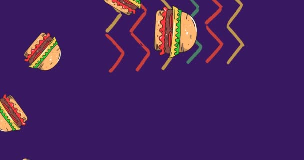 Animación Hamburguesas Que Caen Con Líneas Verdes Amarillas Rojas Zigzag — Vídeos de Stock