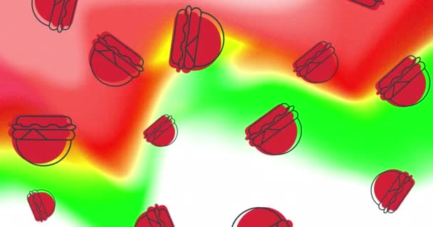 Animación Hamburguesas Rojas Que Caen Sobre Fondo Abstracto Rojo Blanco — Vídeos de Stock