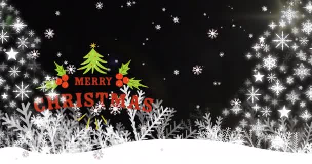Animation Glad Jul Text Över Snö Faller Och Vinter Landskap — Stockvideo