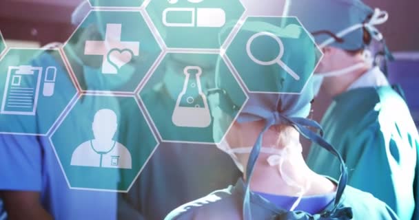 在手术室为不同的医生群体制作医学图标 医疗和保健服务通信技术概念数码录像 — 图库视频影像