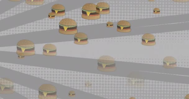 Animação Cheeseburgers Caindo Sobre Listras Cinzentas Rotativas Pontos Sobre Fundo — Vídeo de Stock